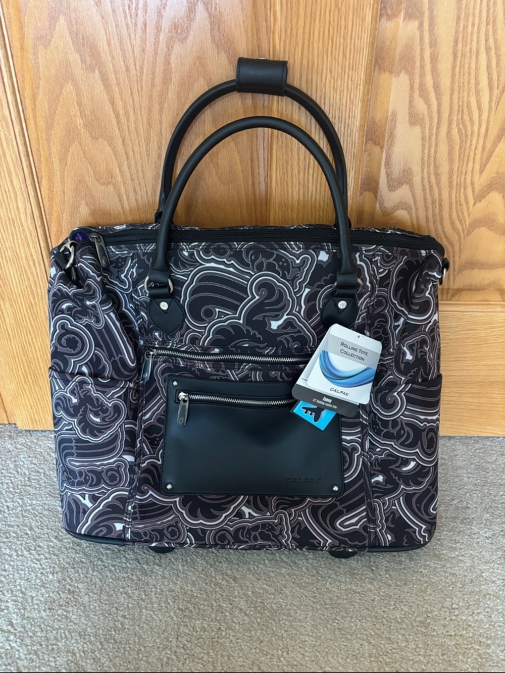 Calpak Black and Gray Swirl-Print Rolling Tote - Picture 2 of 10